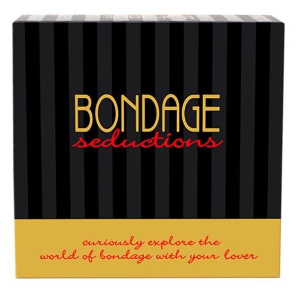 Bondage igra Bondage Seductions znamke Kheper Games s karticami, vrvmi, kockami, masko za oči in bičem