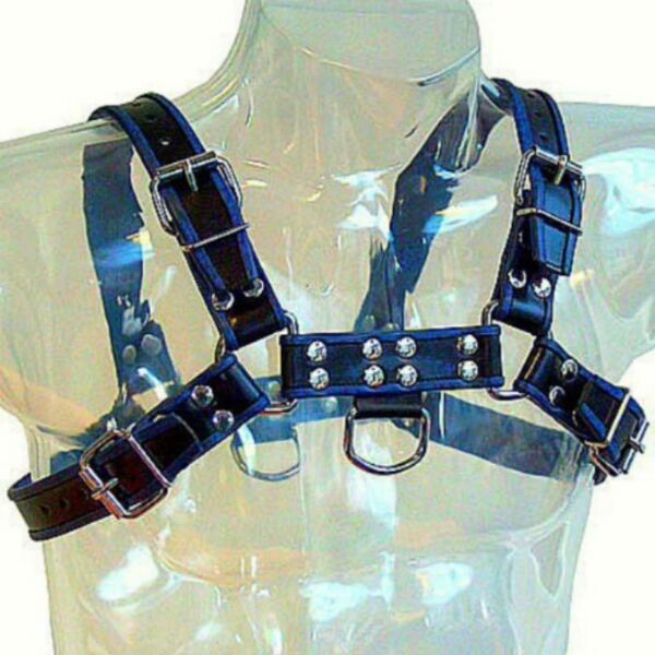 Moški harness Leather Body Chest Bulldog v modri in črni barvi, s trakovi in kovinskimi verigami