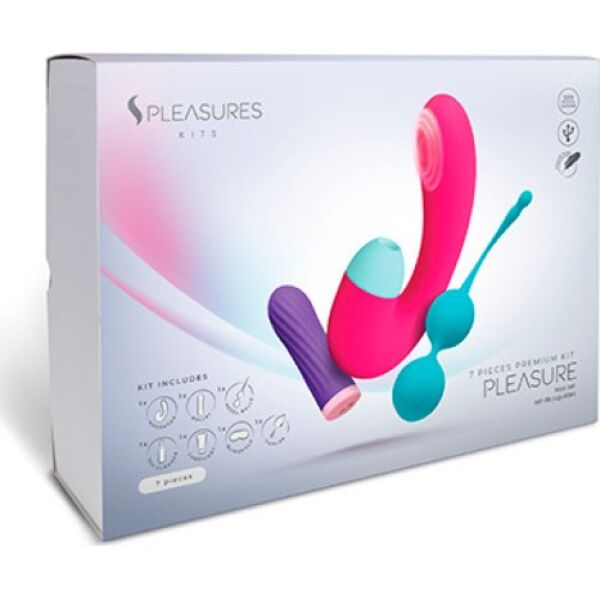 Komplet S Pleasures Pleasure Kit z mini vibratorjem, dvojnim stimulatorjem, Kegel kroglicami, lubrikantom, čistilom, peresom in masko za oči