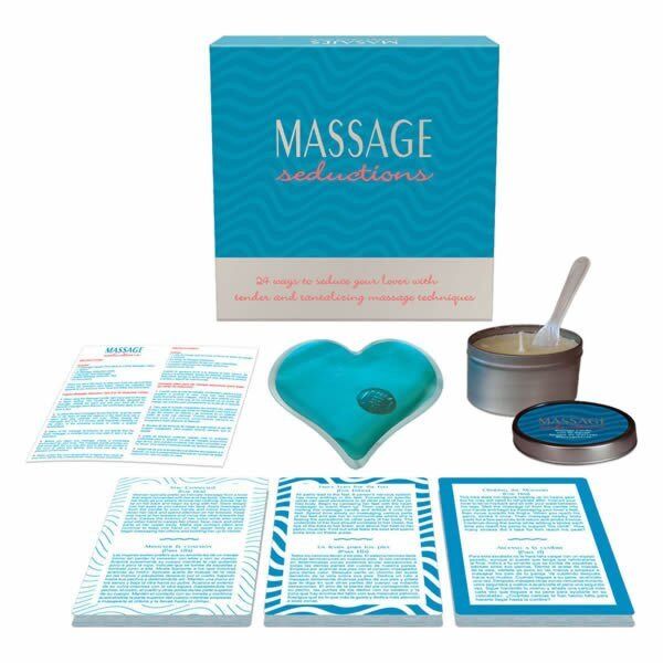 Komplet za masažo Kheper Games Massage Seductions s kartami, svečo, žlico in gelnim srcem