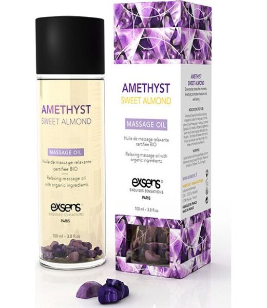 Steklenička masažnega olja Exsens Relaxing Oil Amatista 100 ml s kamni ametista v notranjosti