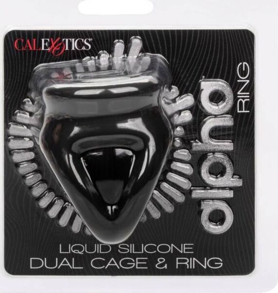 Obroček za penis CalExotics Alpha Dual Cage & Ring v črni barvi z obročkom za mošnjo
