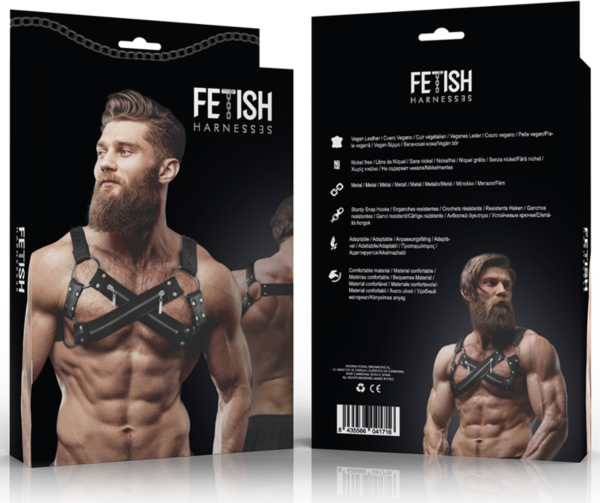Sprednji prsni harness Bulldog znamke Fetish Submissive za moške, iz veganskega usnja z več jermeni