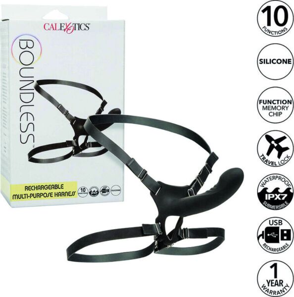 Strap-on pas CalExotics Boundless z vibrirajočo sondo z ukrivljeno konico ter trakovi za pas in stegno