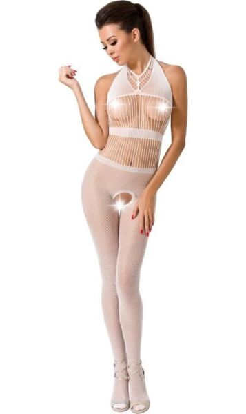 Mrežasti bodystocking Passion BS048 s čipko in odprtino v presredku