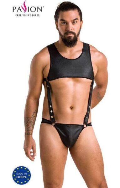 Moški body Passion Body Adam iz črnega umetnega usnja, s slipom in crop topom, povezanima s trakovi