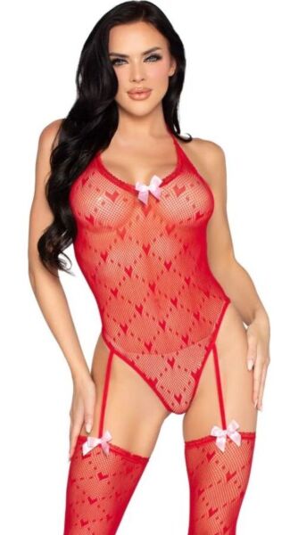 Mrežasti body s srčki in visokimi prišitimi nogavicami Leg Avenue Love Spell