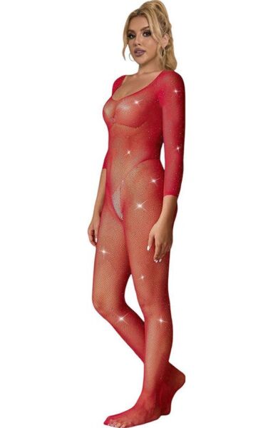Bodystocking Subblime iz rdeče mreže z vzorcem diamantov in dolgimi rokavi