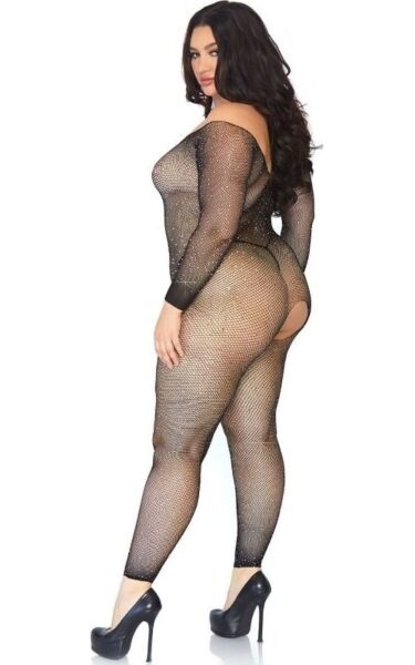 Črn mrežast bodystocking Leg Avenue Plus Seamless Fishnet z dolgimi rokavi in kamenčki