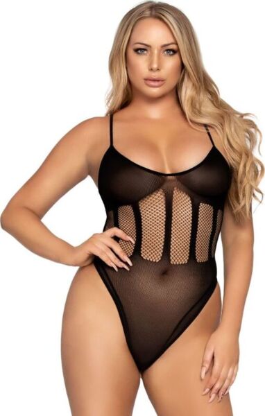 Komplet Leg Avenue Flawless Bodysuit & Skirt v črni barvi: neprosojni body z mrežico v pasu in ozko mrežasto krilo