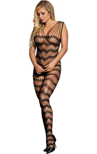 Črn mrežast bodystocking Subblime z odprtim mednožjem in naramnicami