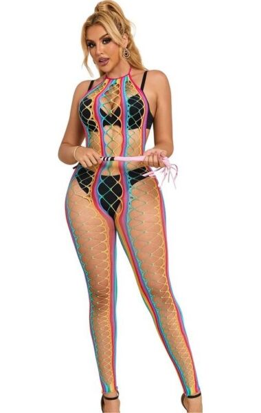 Mrežasti bodystocking Subblime z mavričnim vzorcem in halter izrezom
