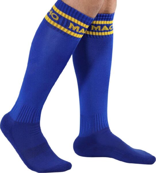 Dolge nogavice Macho Underwear v slogu nogometnih nogavic, z logotipom znamke