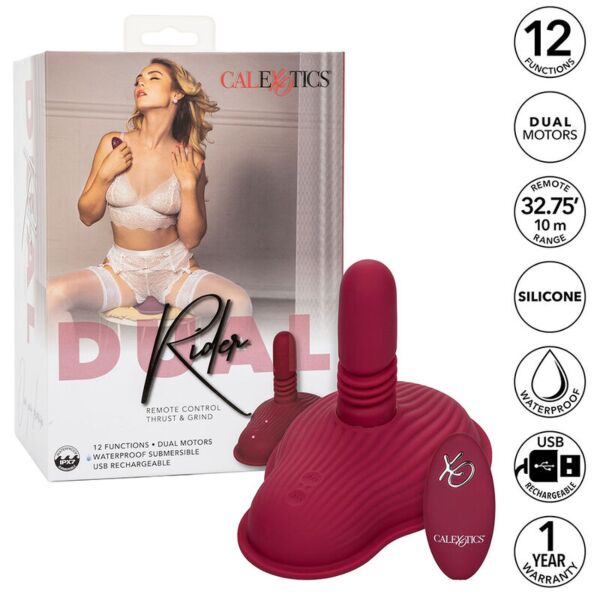 Masažer za jahanje CalExotics Dual Rider Thrust & Grind v rdeči barvi z daljincem