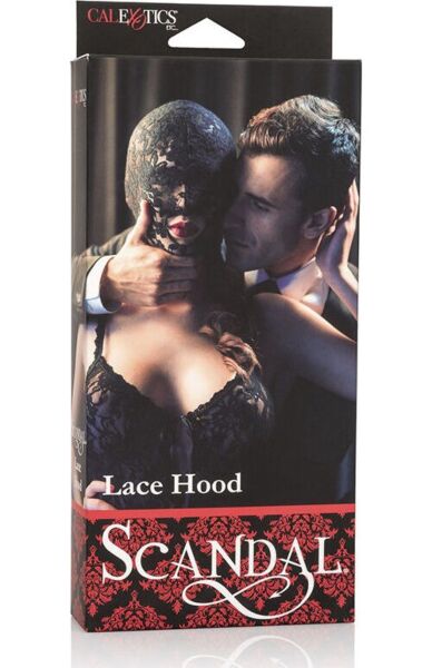 Črna čipkasta maska Scandal Lace Hood znamke CalExotics z odprtimi usti