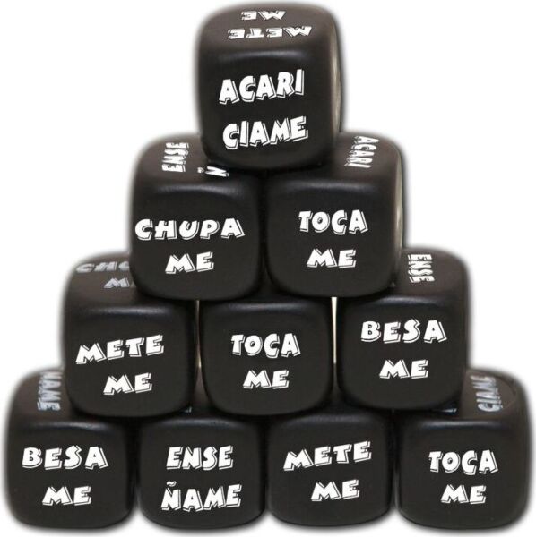 Črna erotična kocka Diablo Picante z erotičnimi dejanji, napisanimi na ploskvah