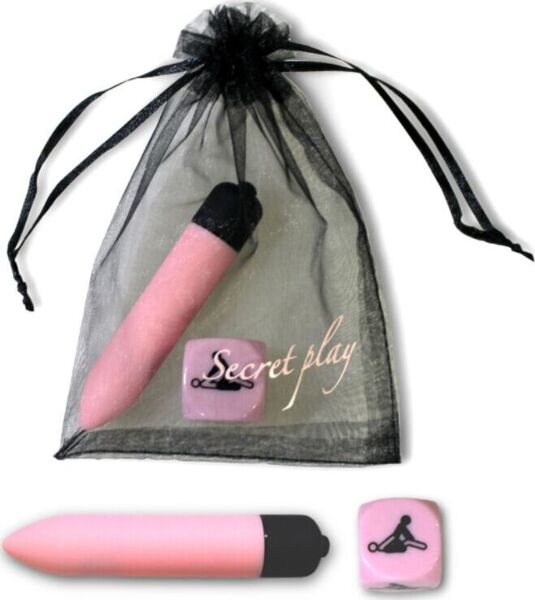 Secret Play komplet Sensual Feelings z roza mini vibratorjem, roza kocko s pozami in vrečko iz organze