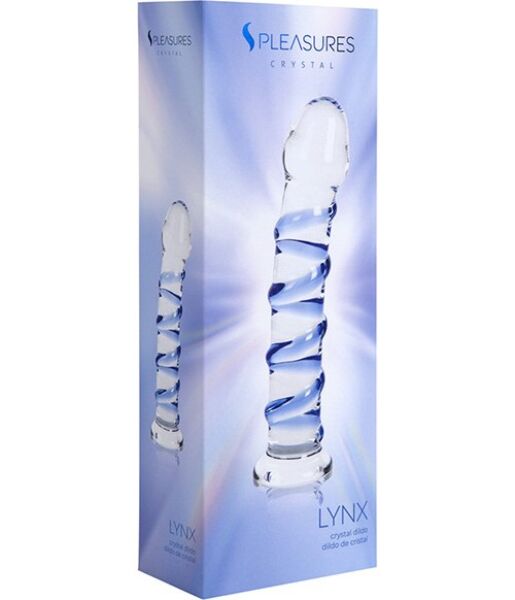 Dildo S Pleasures Crystal Lynx, prozoren z modrimi detajli in spiralnimi reliefi