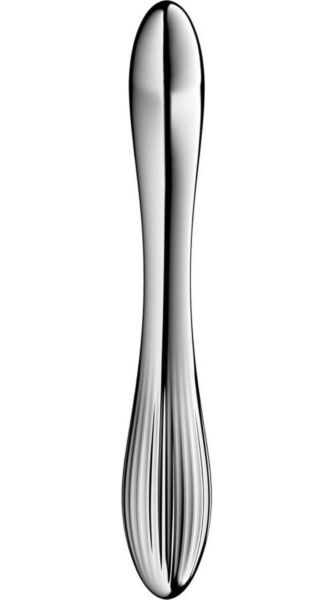 Srebrn ukrivljen dildo Satisfyer Pure Gravity 1 iz nerjavnega jekla za dvojno uporabo