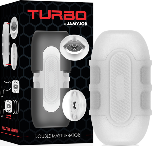 Dvojni masturbator Jamyjob Turbo z dvema vhodoma v obliki ust in vagine