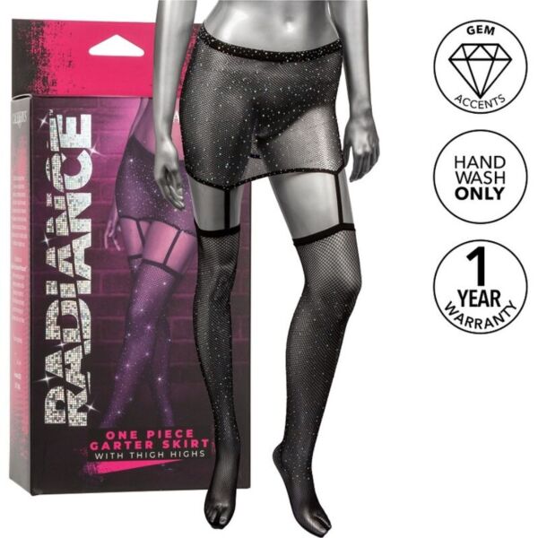 Nogavice s podvezami CalExotics Radiance Garter One-Piece, mini krilo s podvezami in nogavicami do stegen v enem kosu