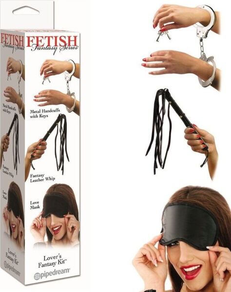 Pipedream Lover's Fantasy Kit z usnjenim bičem, kovinskimi lisicami s ključi in satenasto masko