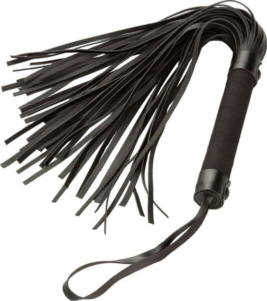 Črn bič s trakovi Nocturnal Collection Flogger znamke CalExotics z zapestnim trakom