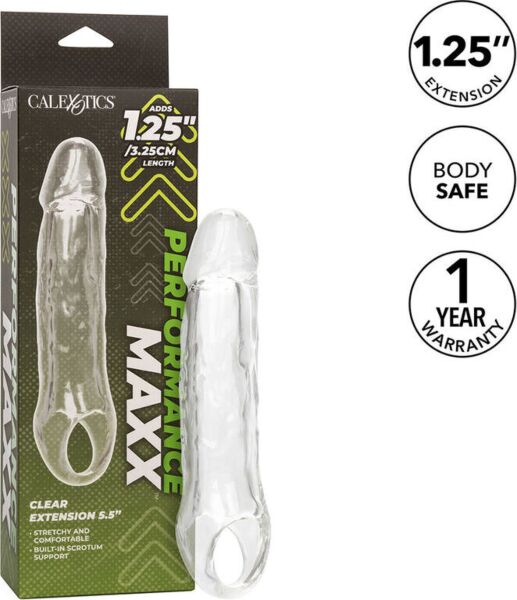 Prozoren podaljšek za penis CalExotics Performance Maxx Clear Extension 5,5 s trakom za mošnjo