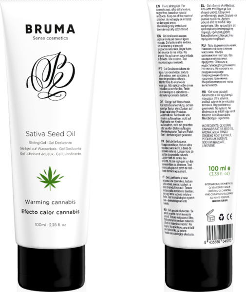 Lubrikantni gel Bruma Cannabis z okusom konoplje in učinkom toplote, v pakiranjih po 6 ml in 100 ml