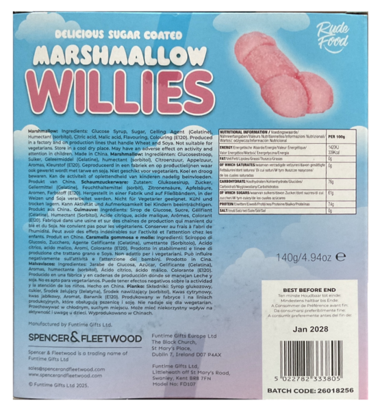 Embalaža rožnatih marshmallowov v obliki penisa Marshmallow Willies znamke Spencer & Fleetwood