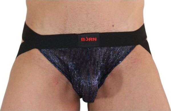 Jockstrap Burn 006 v modri in črni barvi, s prosojnimi deli in bleščečimi detajli