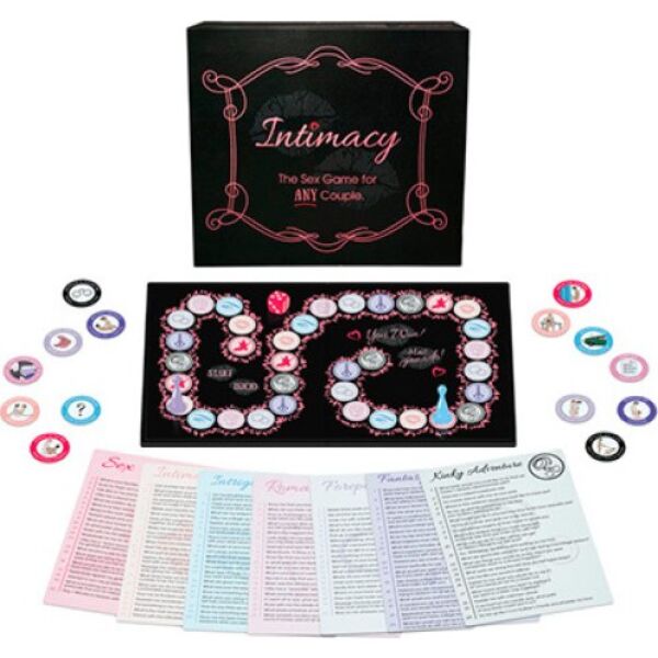 Namizna igra Kheper Games Intimacy s ploščo, kocko, figuricama in nagradnimi kovanci