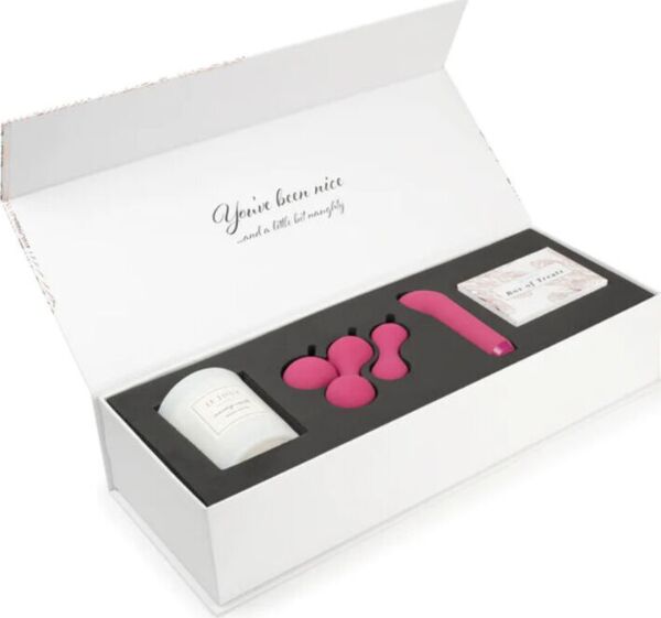 Darilni komplet Je Joue Nice & Naughty z mini vibratorjem, kroglicami Ami, masažno svečo in škatlico s karticami