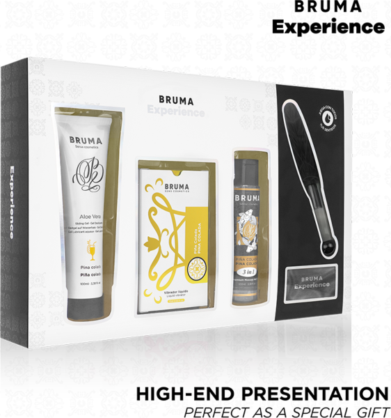 Erotični set Bruma Xperience Sweet Temptation s tekočim vibratorjem, lubrikantom, oljem, peresom in prevezo za oči