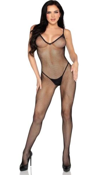 Bodystocking Leg Avenue 89375 iz črne mreže s kvačkanim zaključkom in odprtino v mednožju