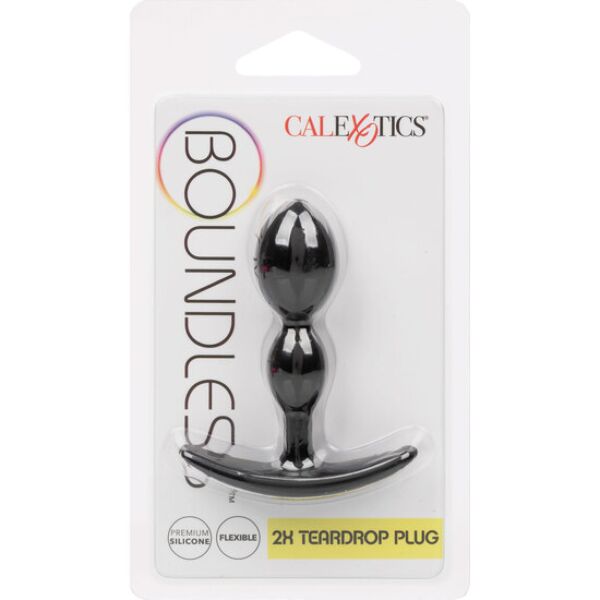 Črn analni čep CalExotics Boundless 2x Teardrop Plug v obliki solze z ročajem na dnu