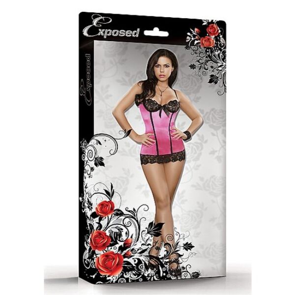 Spalna srajca Exposed Sequin Lace Chemise roza S/M, roza mini obleka s črnim modrčkom in roza pentljo
