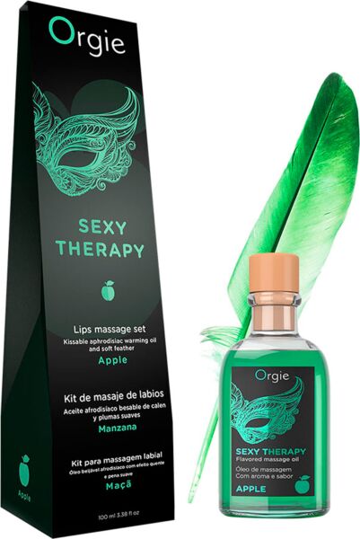 Komplet za masažo Orgie Lips Massage z oljem 100 ml, peresom in vodnikom za masažo