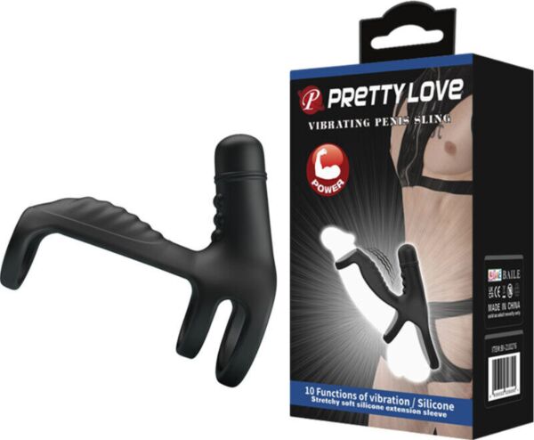 Črn elastični tulec Pretty Love Vibrating Penis Sling z obročkom in izboklinami