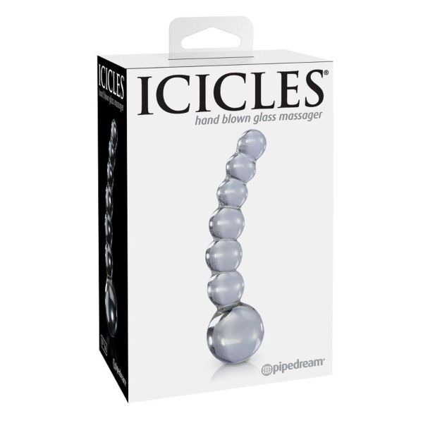 Steklen masažer ICICLES N. 66 z ukrivljenim steblom in graduiranimi kroglicami