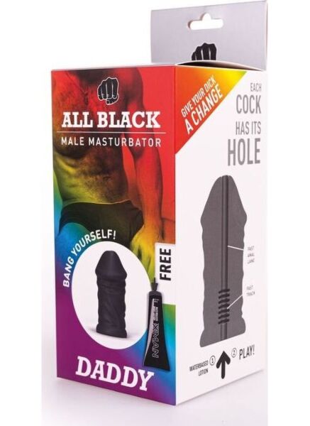 Masturbator All Black Daddy v obliki penisa z izrazitimi žilami in debelo glavico