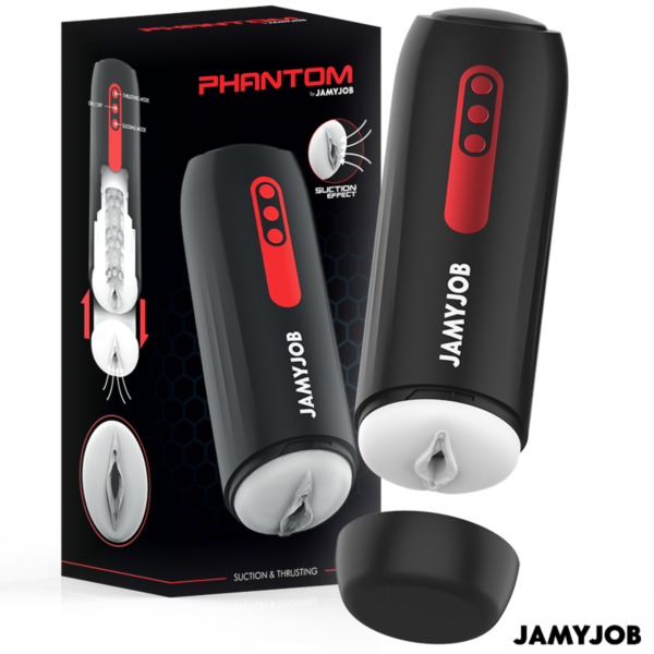 Črn avtomatski masturbator Jamyjob Phantom z rdečimi detajli