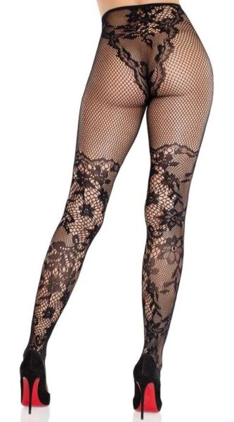 Čipkaste hlačne nogavice Leg Avenue Dahlia Lace Tights v črni barvi, s cvetlično čipko in mrežo na stegnu