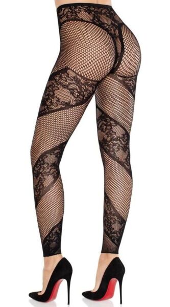 Hlačne nogavice brez stopal Leg Avenue Lace and Net Illusion v črni barvi, mrežaste s čipkastimi vložki
