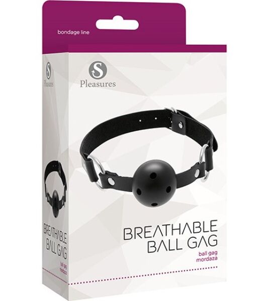 Črno mašilo s kroglico S Pleasures Breathable Ball Gag z odprtinami, kovinskimi obročki in pasom s sponko
