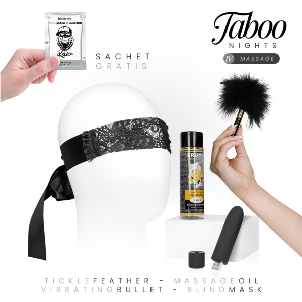 Komplet Taboo Nights 4 Massage z oljem Bruma, mini vibratorjem Geri, prevezo za oči, peresom in analnim gelom Black Hole
