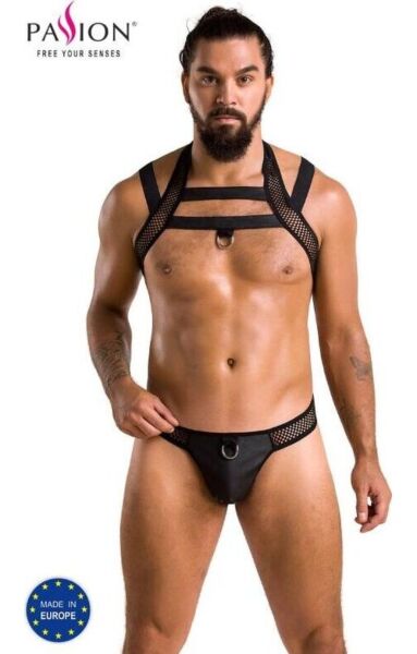 Moški komplet Passion 043 Set Jacob, jockstrap in harness za ramena iz umetnega usnja in mrežice s kovinskimi obročki