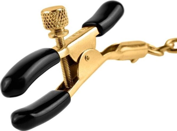 Ščipalke za bradavice Fetish Fantasy Gold Chain Nipple Clamps v zlati in črni barvi, povezane z verižico