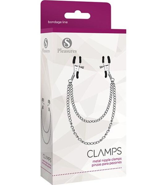 Srebrne ščipalke za bradavice S Pleasures Metal Nipple Clamps, povezane z verigo