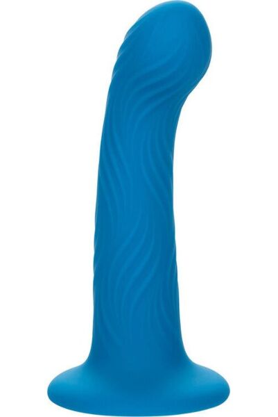 Modri analni čep CalExotics Wave Rider Ripple z valovito teksturo in podstavkom s priseskom